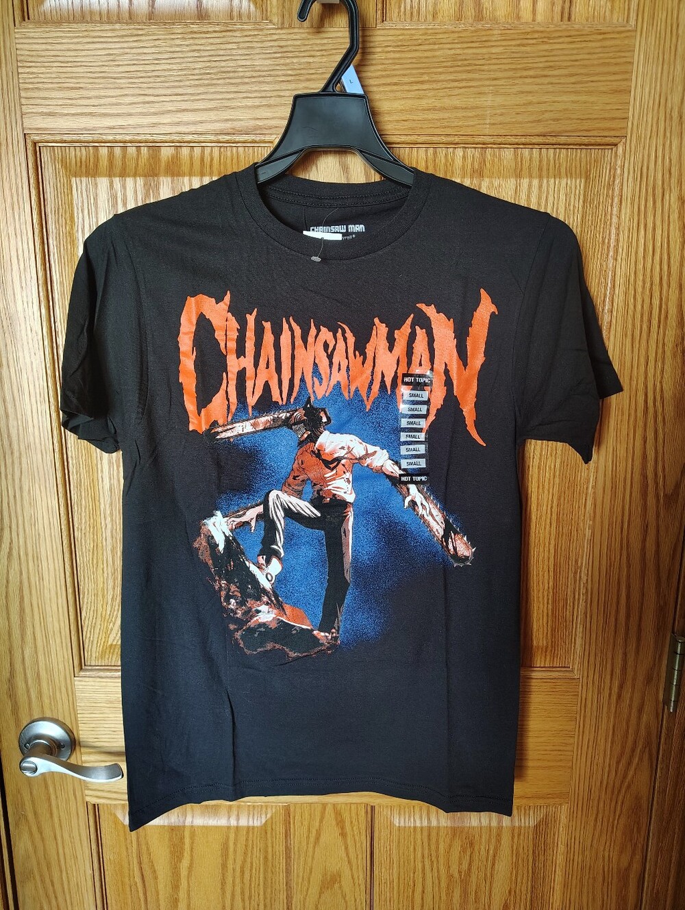 Chainsaw Man Graphic Tee - Black with Orange Print. Adult Size Small